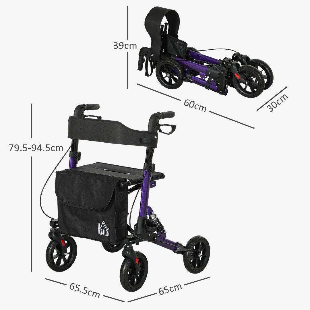 Folding Rollator Walker with Seat, Backrest, Lightweight Walking Frame with Storage Bag, Dual Brakes, Adjustable Handle Height, Suspension System, 4 Wheeled Walker for Seniors, Purple