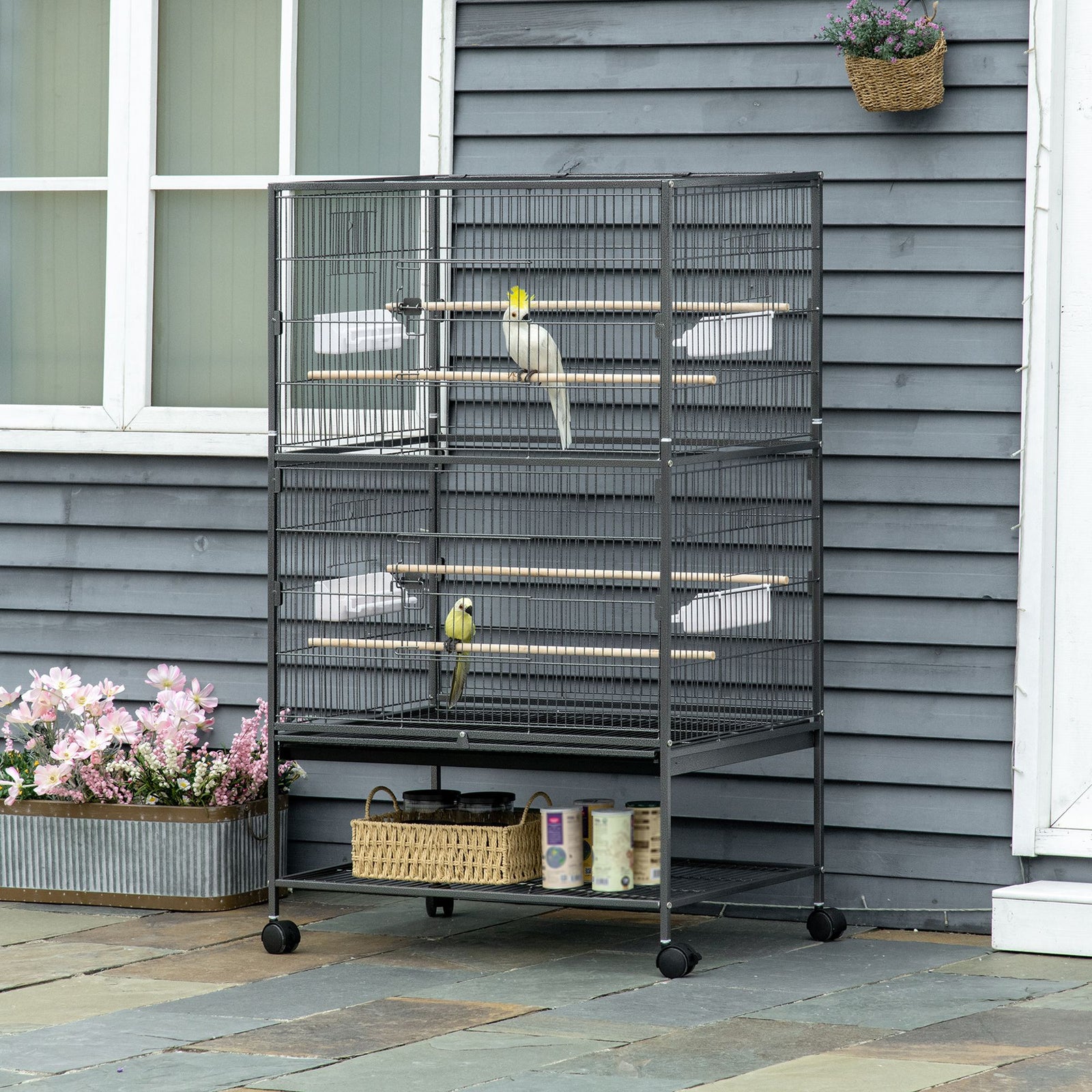 Large Bird Cage Budgie Cage for Finch Canaries Parakeet with Rolling Stand, Slide-out Tray, Storage Shelf, Food Containers, Dark Grey