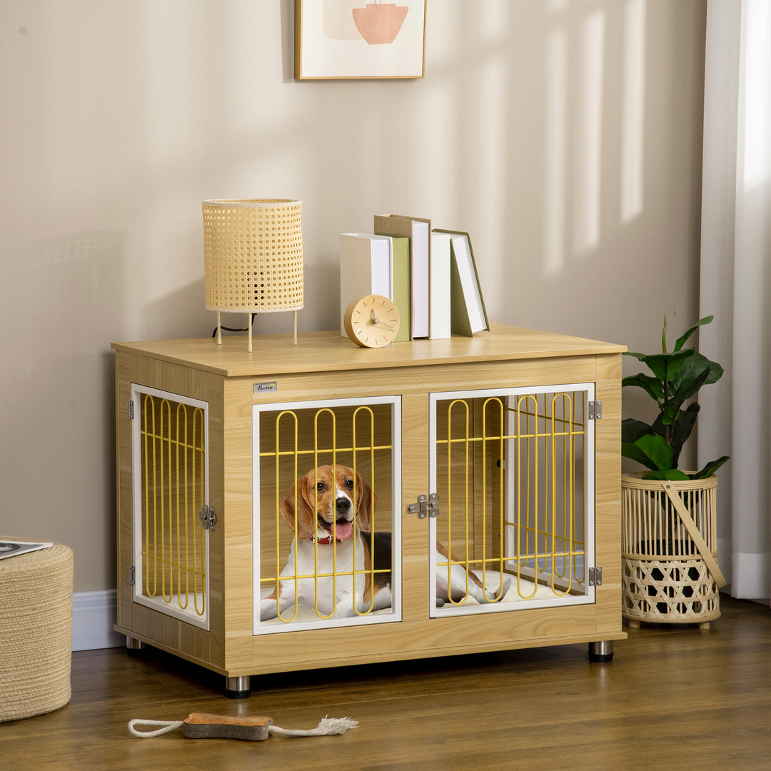 PawHut Dog Crate Furniture, Dog Cage End Table. with Soft Cushion, Double Door - Oak Tone | Aosom UK