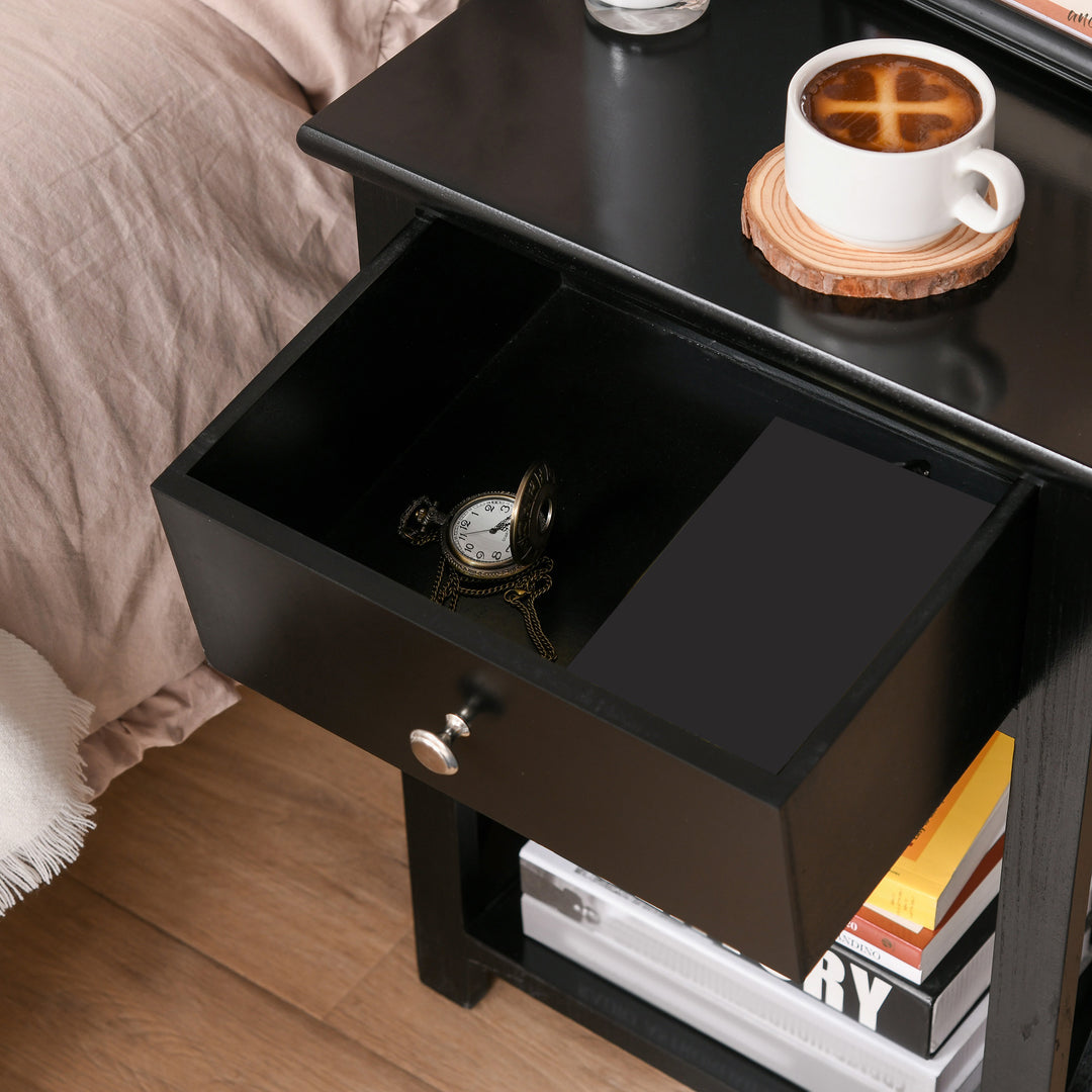 End Table, Sofa Side Table with Drawer X Bar Bottom Storage Shelf, Nightstand Bedside Table for Bedroom or Living Room Black