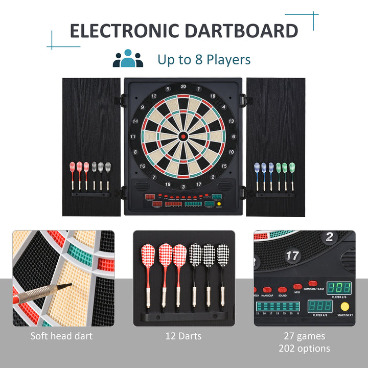 Electronic Dartboard Set, 27 Games Modes and 202 Variations, LED & 12 Soft Tip Darts and Cabinet to Storage, Ready-to-Play Multi-Game Option Darts Machine