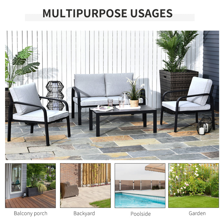 4pcs Garden Sofa Set 2 Single Armchair, 1 Bench & 1 Coffee Table Set Aluminum Frame Patio Furniture with Cushions, Black