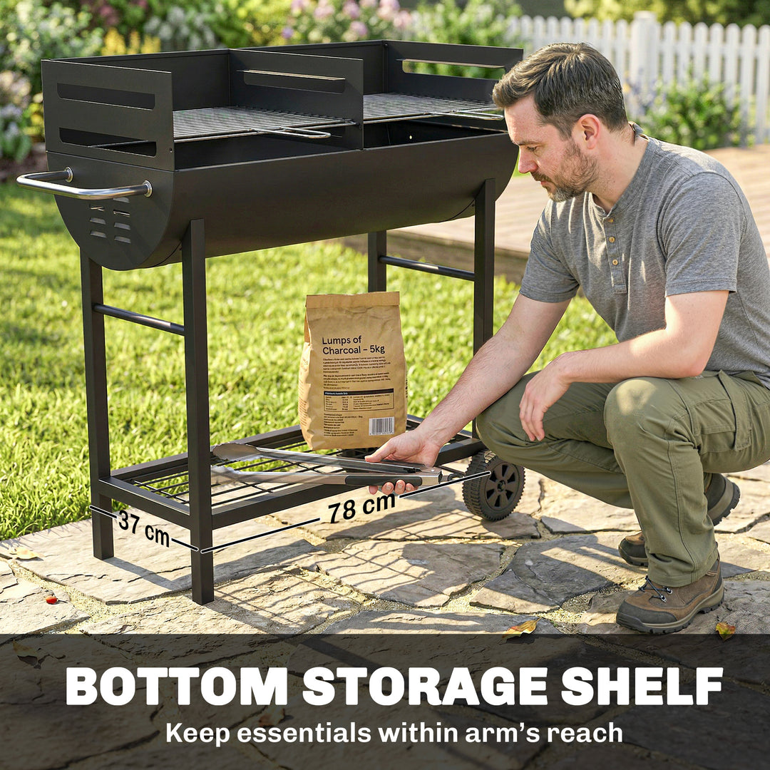 Charcoal Barbecue Grill with 2 Cooking Areas, Portable BBQ Trolley wit