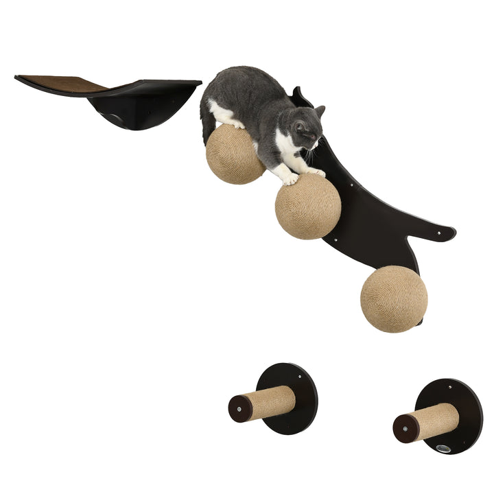 PawHut 4 Pieces Wall Mounted Cat Shelves, Cat-shaped Platform with Three Scratching Balls, Cat Wall Furniture with Scratching Posts, Tawny Brown