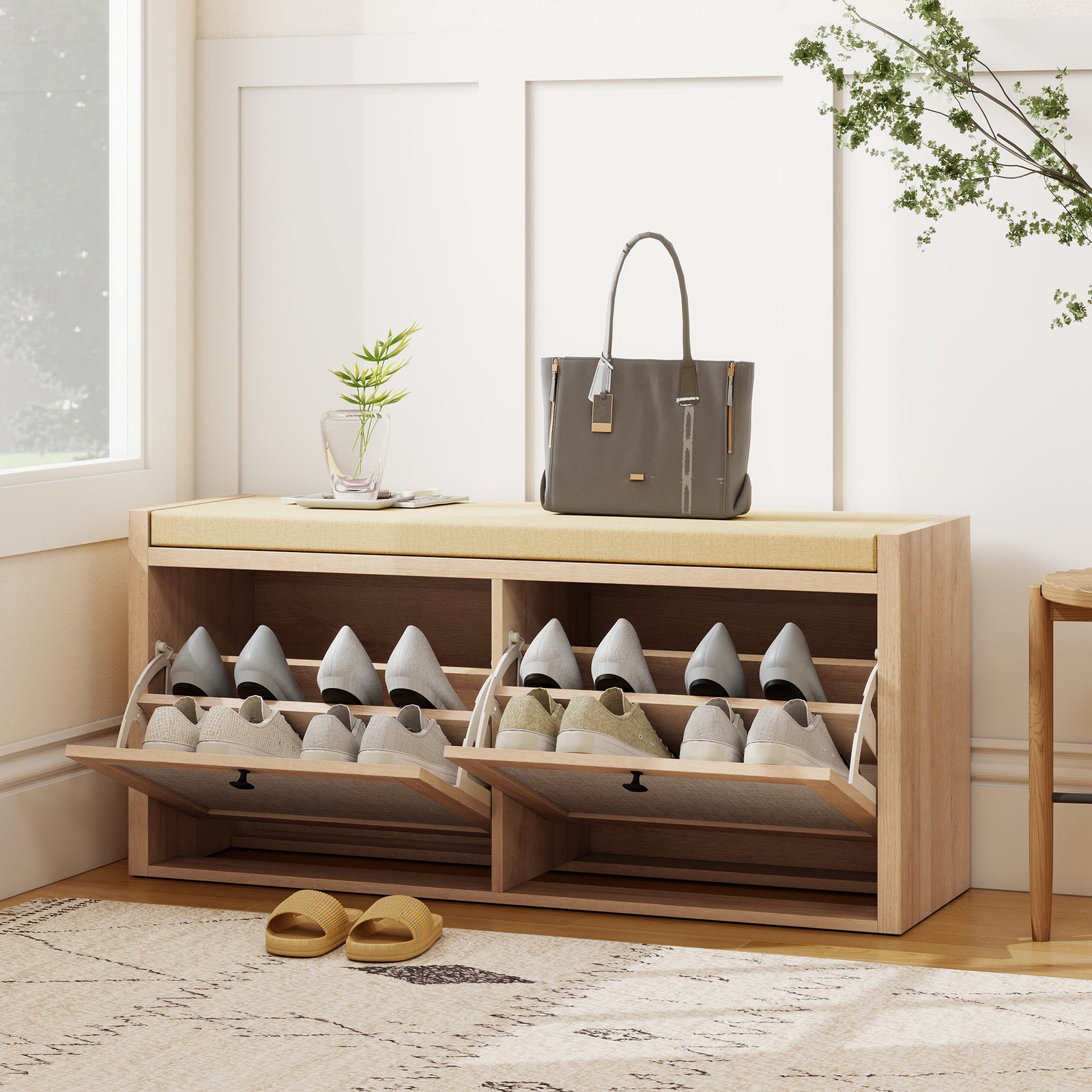 Rattan Shoe Bench with Padded Cushion and 2 Cabinets for Hidden Storag