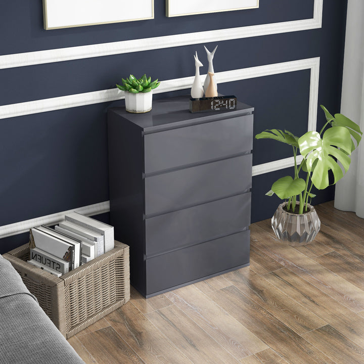 High Gloss Chest of Drawers, 4-Drawer Storage Cabinets, Modern Dresser for Bedroom, Grey
