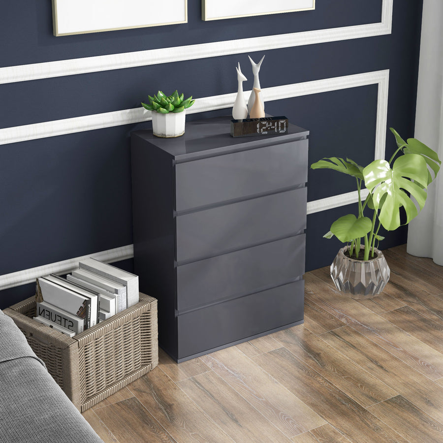 High Gloss Chest of Drawers, 4-Drawer Storage Cabinets, Modern Dresser for Bedroom, Grey