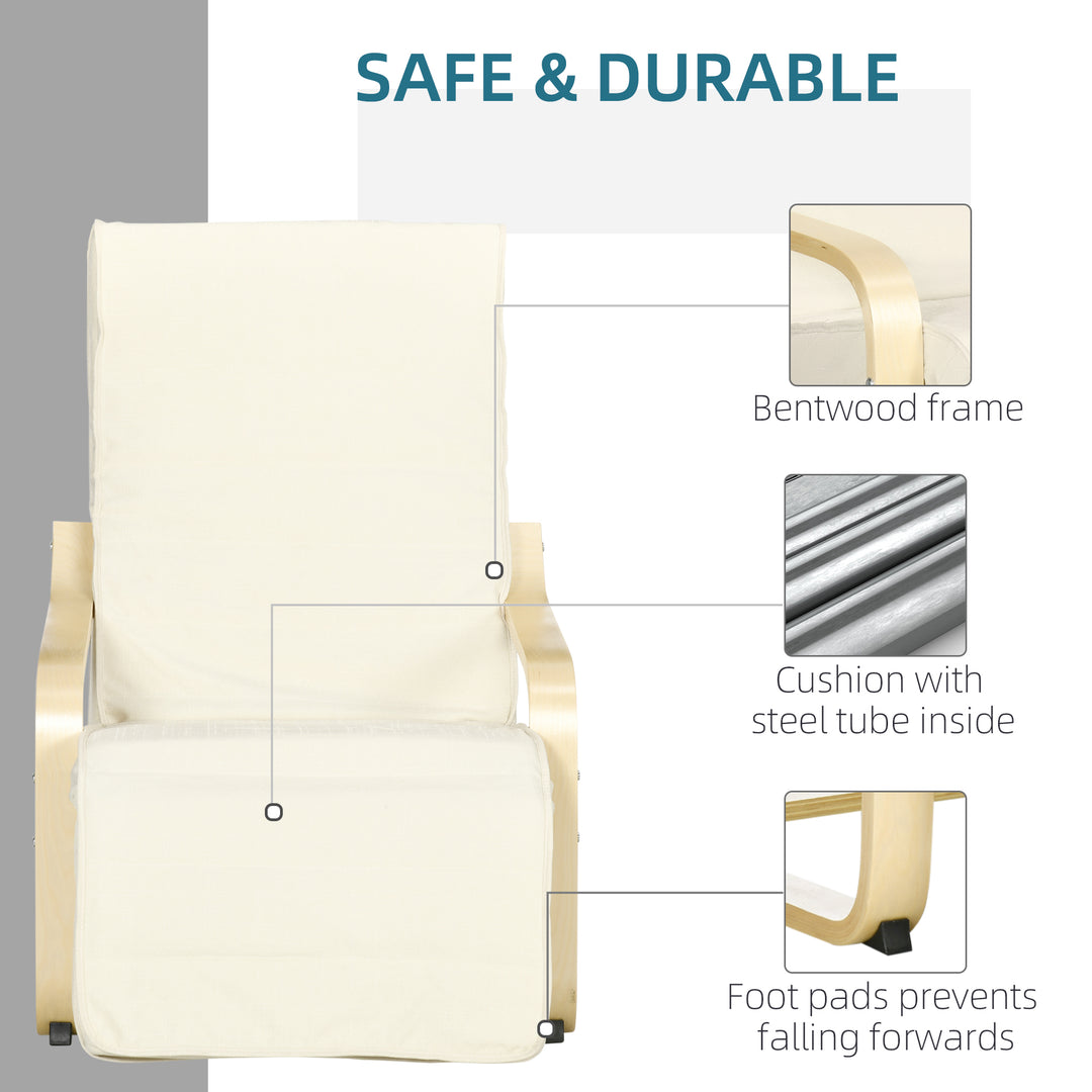 Wooden Armchair, Upholstered Linen Lounge Chair with Adjustable Footrest & Removable Cushion, Poang Chair for Living Room, Cream White