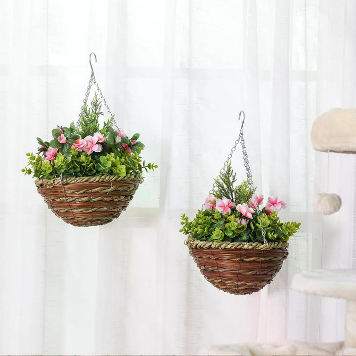 Outsunny Set of 2 Artificial Plant Lisianthus Flowers Hanging Planter with Basket for Indoor Outdoor Decoration | Aosom UK