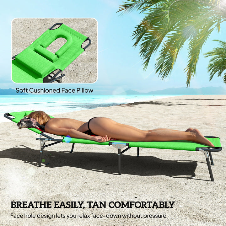 Outdoor Folding Sun Lounger Set of 2 with Face Hole, 4 Level Adjustable Backrest Reclining Garden Lounger, Garden Recliner Sunbed with 600 D Oxford Cloth Seat and Pillow for Beach, Green
