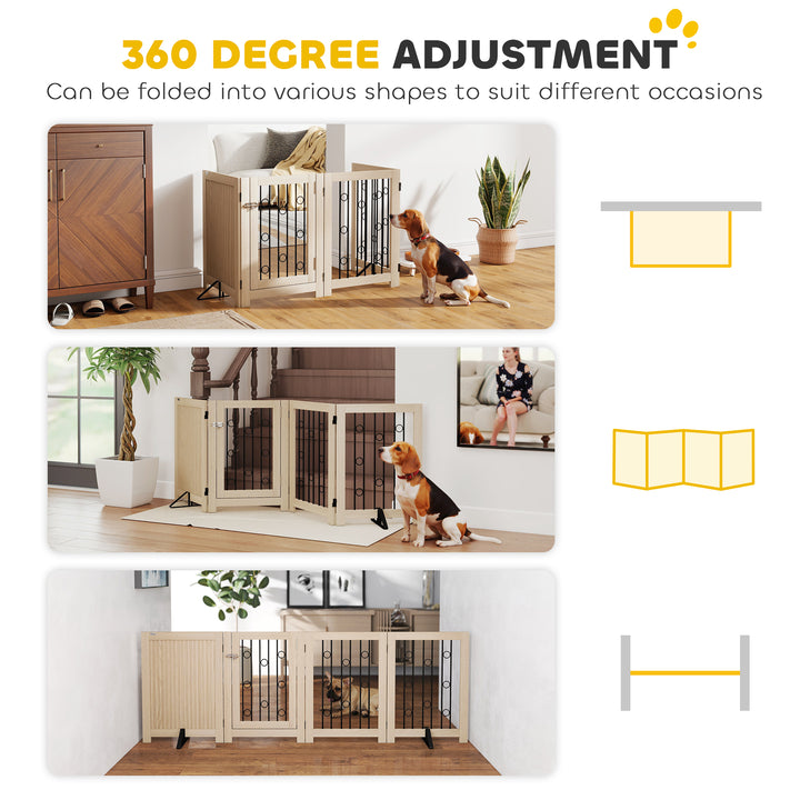 MCL 4 Panel Freestanding Pet Gate, Indoor Dog Barrier with Lockable Door, Support Feet, 360° Flexible Hinges, Oak