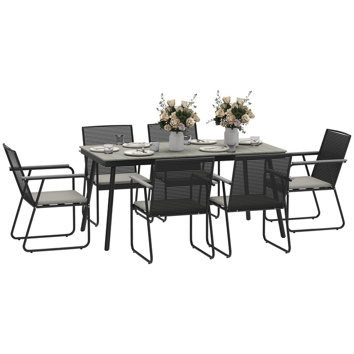 6 Seater Garden Dining Set with Soft Cushions, Rattan Backrest, Rectangular Plastic Top, Garden Furniture Set, Outdoor Dining Table and Chairs for Patio, Balcony, Poolside, Grey