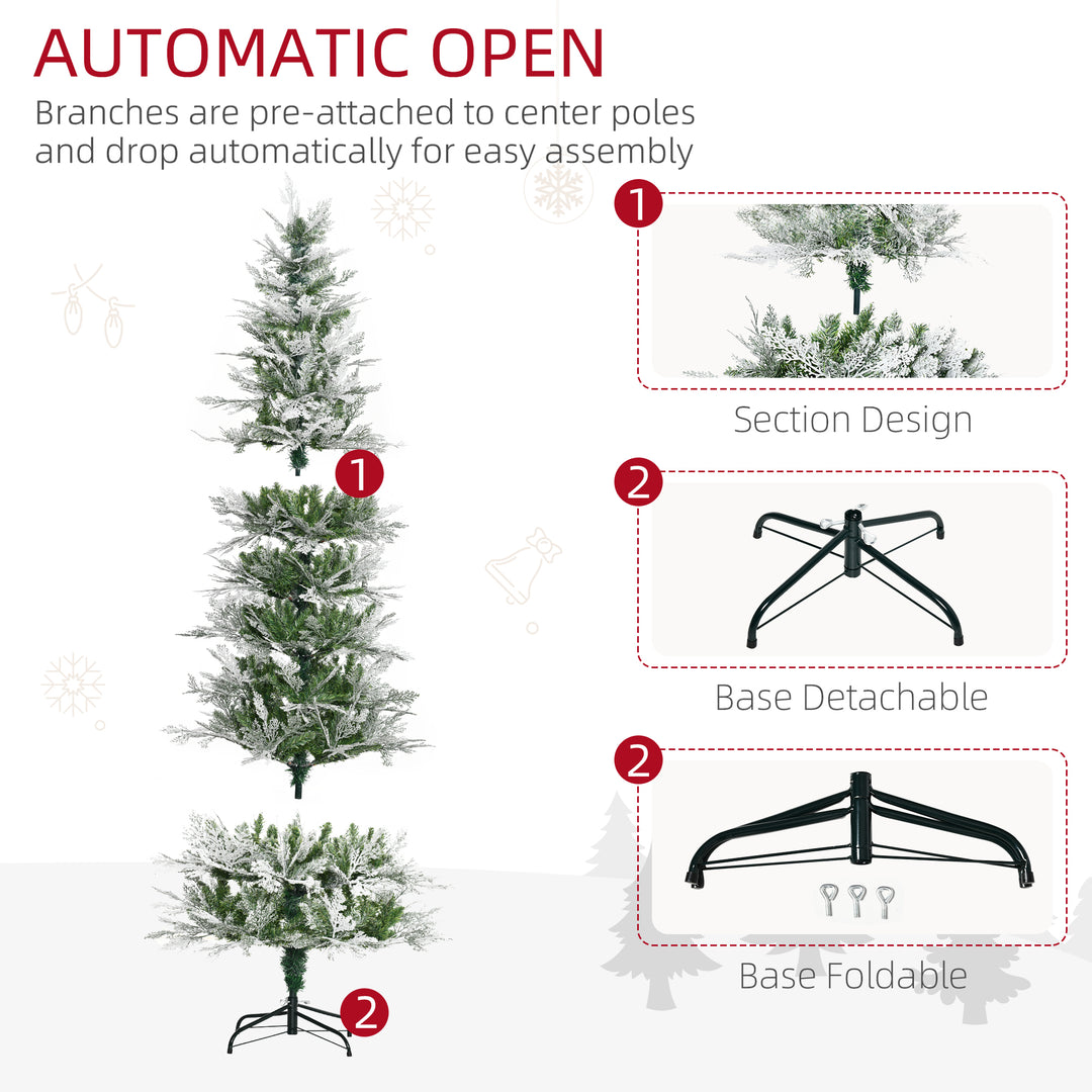 MCL 7 Ft Pencil Snow Flocked Artificial Christmas Tree with Realistic Cypress Branches, Auto Open, Green