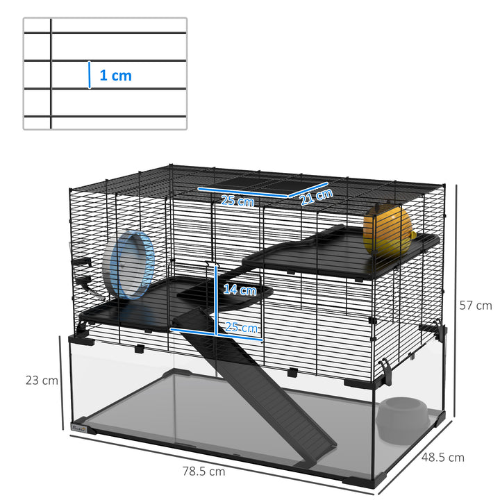 PawHut 3 Tiers Hamster Cage, Gerbil Cage with Deep Glass Bottom, Non