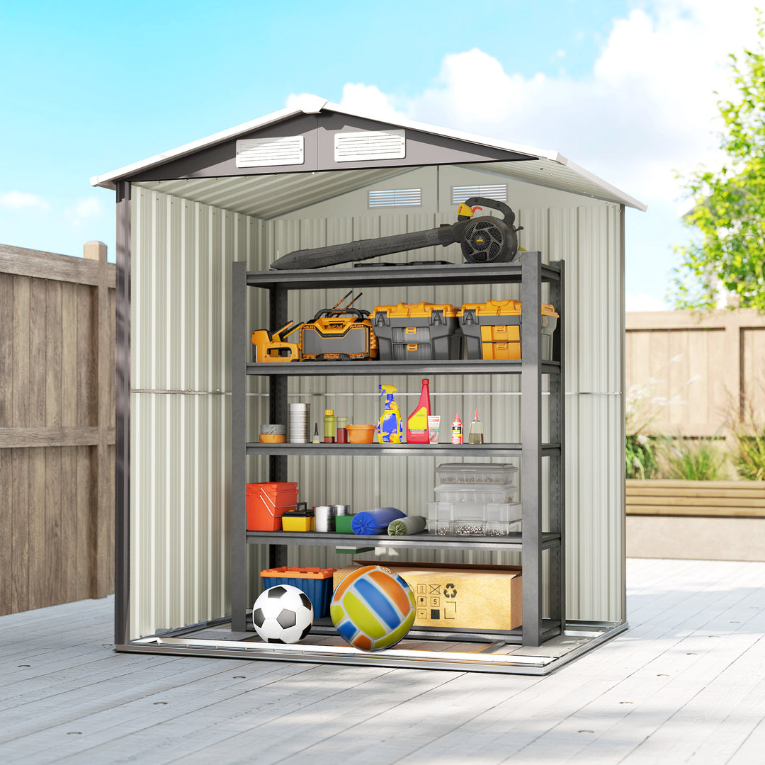 Garden Metal Tool Storage Shed with Sliding Door, Sloped Roof and Foun