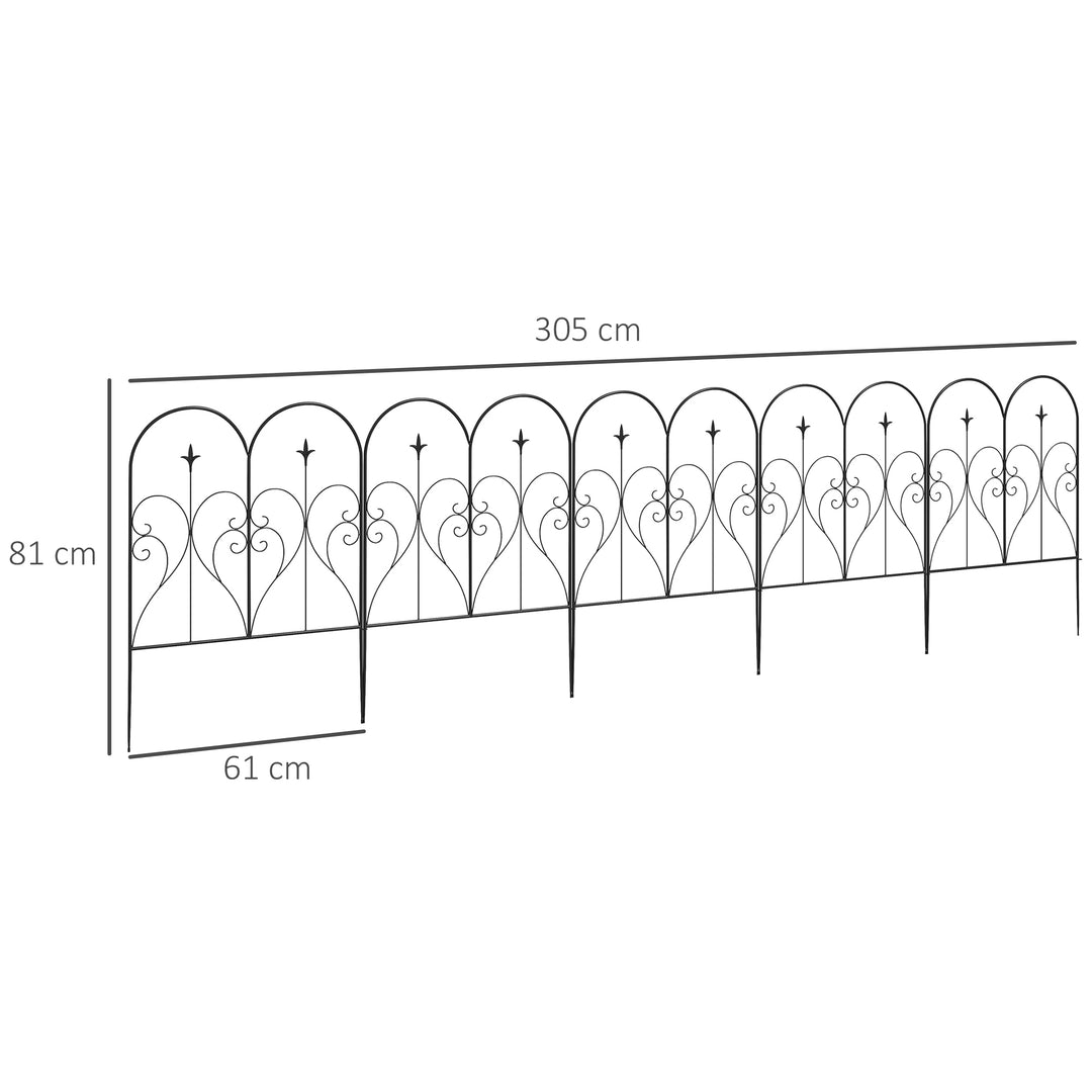 Set of Five Decorative Heart Metal Fence Panels - Black