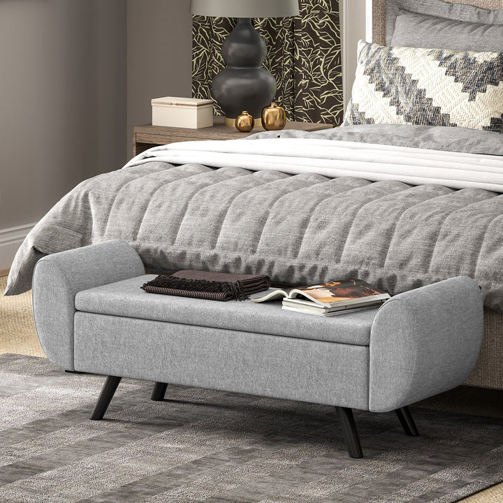 Storage Ottoman with Armrest, Upholstered Linen Storage Bench, Window Seat with Rubberwood Legs, Footstool for Bedroom Living Room, Hallway
