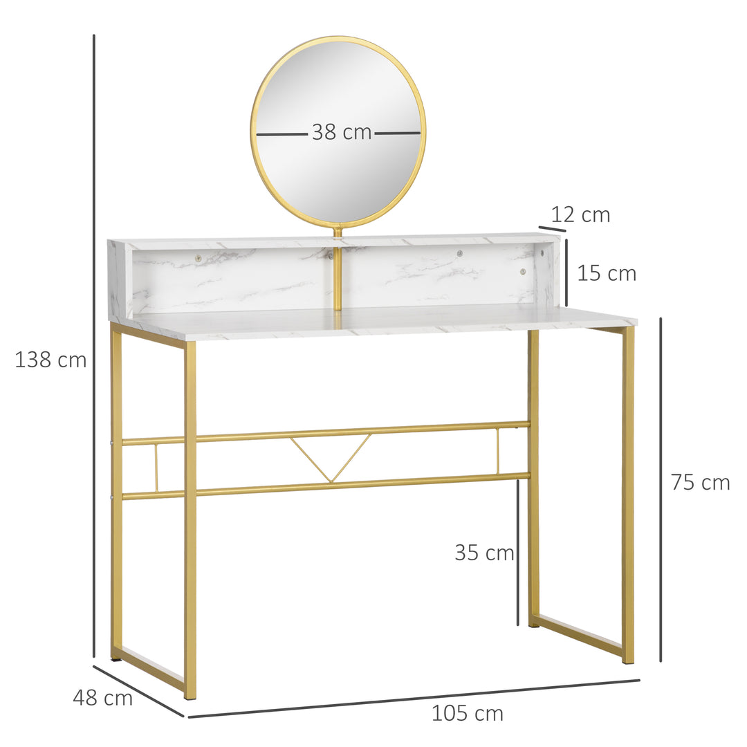 HOMCOM Vanity Dressing Table with Round Mirror, Modern Makeup Desk with Open Storage, Faux Marble & Steel Frame for Bedroom, White