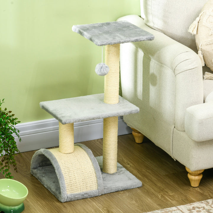 PawHut Compact Cat Tree for Indoor Use, Multi-Level with Sisal Scratching Posts, Cushioned Platform, Hanging Ball, Light Grey | Aosom UK