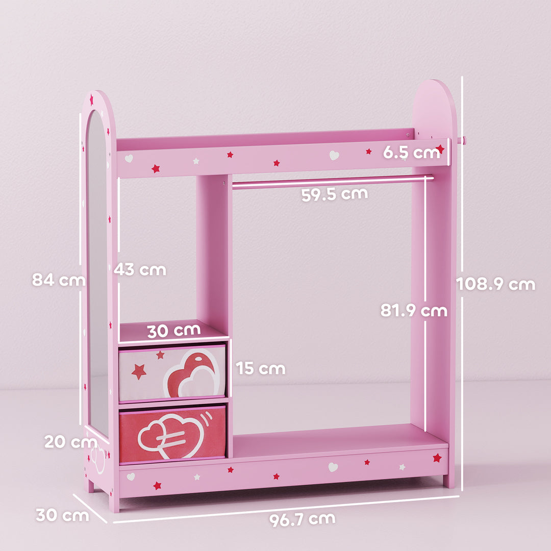 Kids Clothes Rail, Kids Wardrobe with Mirror, Shelves, Fabric Storage and Hooks for Bedroom, Nursery