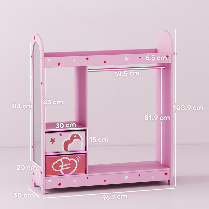 Kids Clothes Rail, Kids Wardrobe with Mirror, Shelves, Fabric Storage and Hooks for Bedroom, Nursery