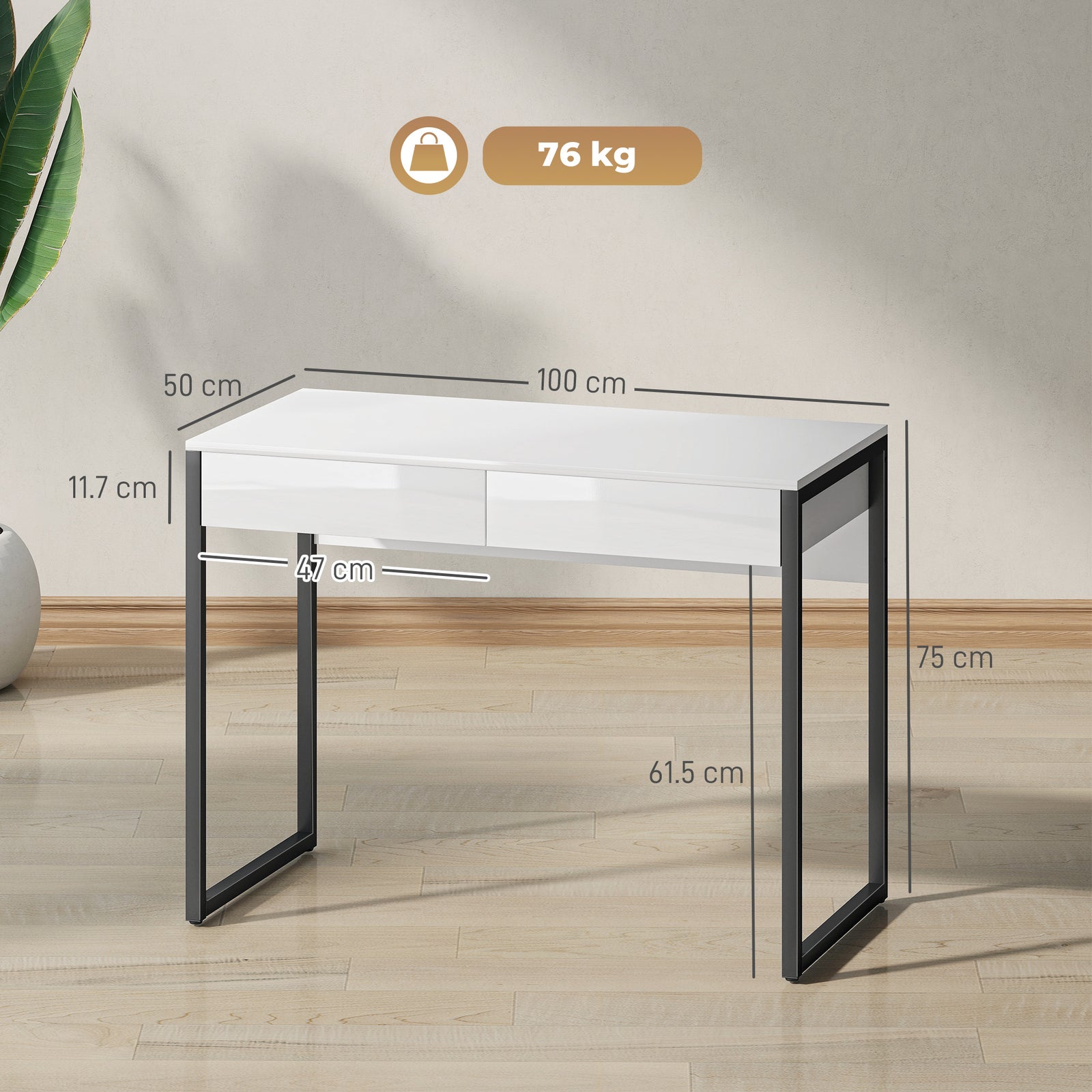 High Gloss Work Table, with Drawers - White