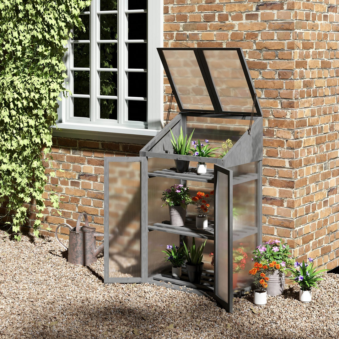 Wooden Cold Frame Polycarbonate Greenhouse with Openable Top Cover and Double Door, Grow House for Flower, Vegetable and Plants, 70 x 50 x 120cm, Grey