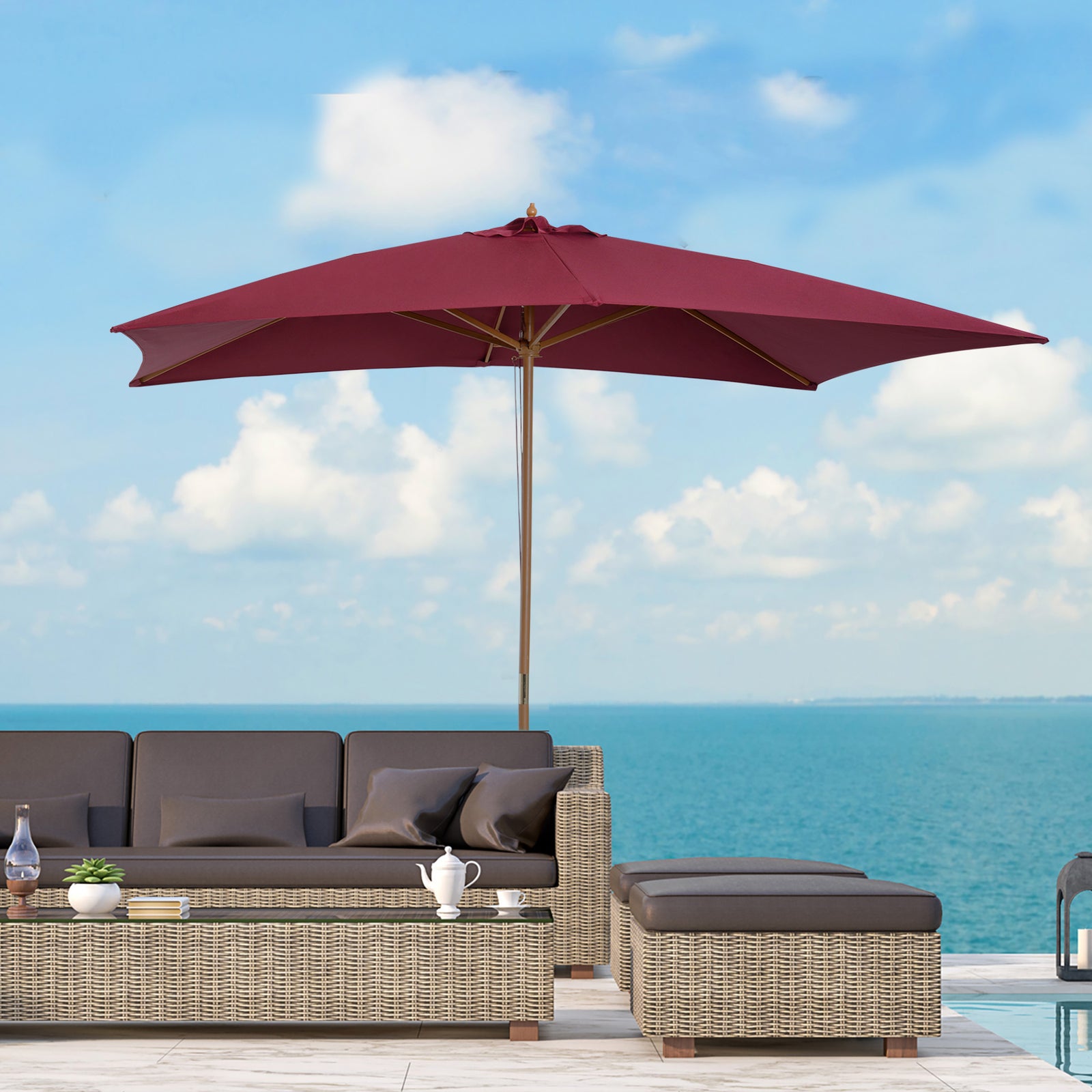 2 x 3m Wooden Garden Parasol Umbrella Outdoor Sun Shade Canopy, Wine Red