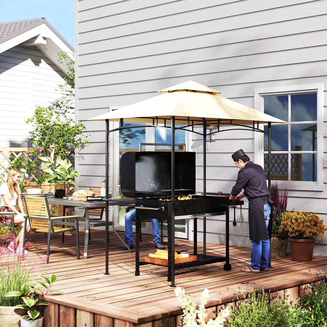 8' x 5' Grill Gazebo, Double Tiered BBQ Gazebo Shelter Canopy with LED Lights, 2 Side Shelves, Hooks, Beige