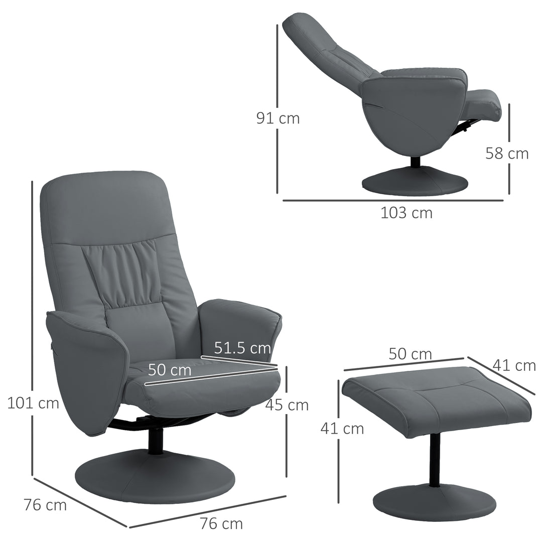 Swivel Recliner Chair with Footstool, HOMCOM PU Leather Armchair and Ottoman with High Back and Round Base for Living Room, Grey | Aosom UK