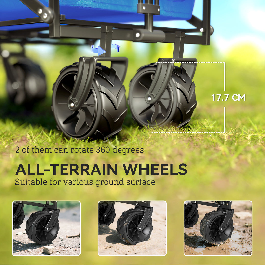 Folding Trolley Cart Storage Wagon Beach Trailer 4 Wheels with Handle Overhead Canopy Cart Push Pull for Camping, Blue