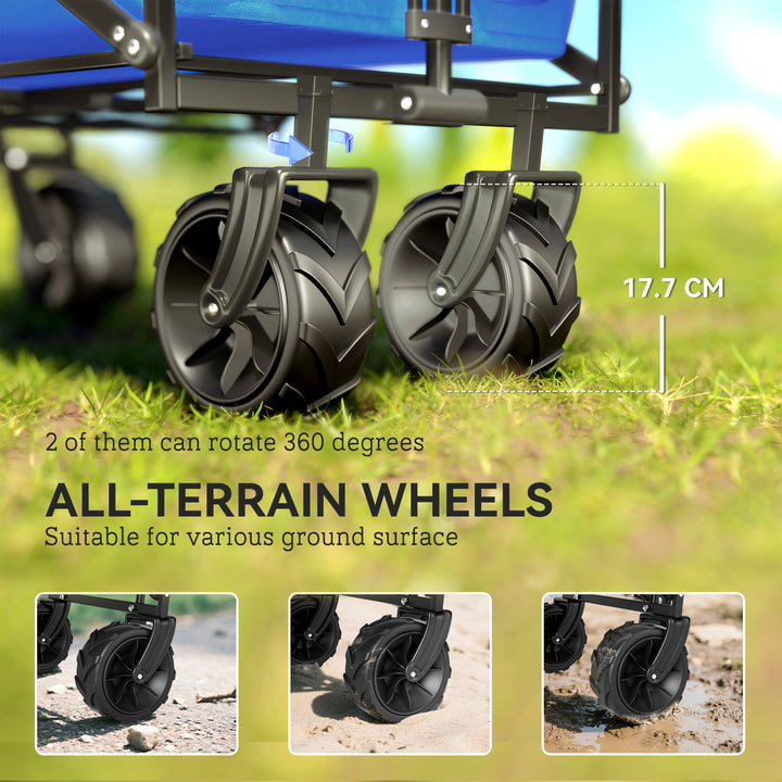 Folding Trolley Cart Storage Wagon Beach Trailer 4 Wheels with Handle Overhead Canopy Cart Push Pull for Camping, Blue