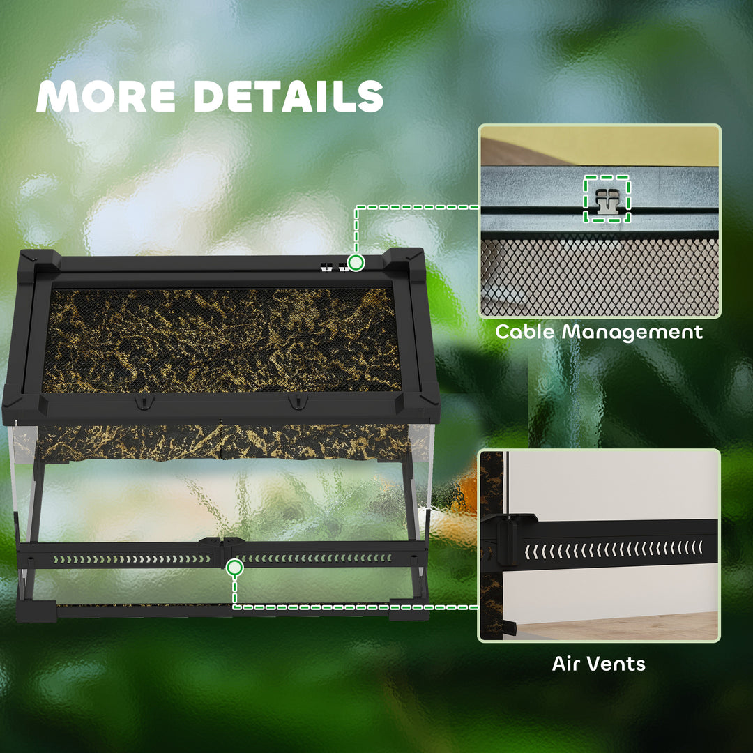 Reptile Glass Terrarium with Stone Background, Front Ventilation, Escape-Proof Knob Lock, 30 x 20 x 20 cm, Black