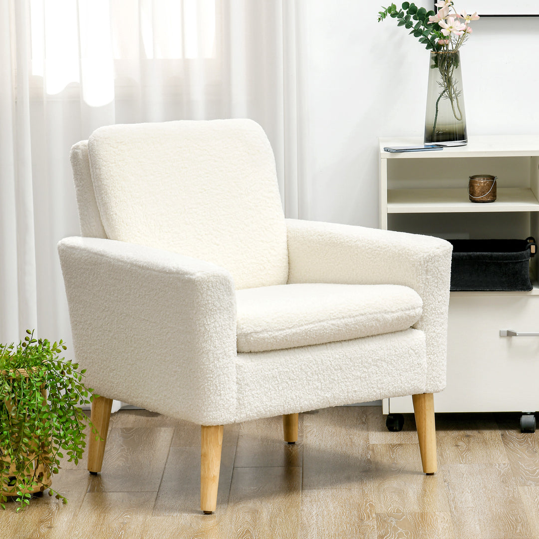 HOMCOM Modern Armchair, Upholstered Accent Chair with Wood Legs and Wide Padded Seat, Teddy Occasional Chair, Cream White | Aosom UK