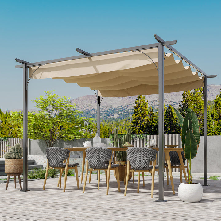 Outsunny 3 x 3(m) Metal Pergola Gazebo Awning Retractable Canopy Outdoor Garden Sun Shade Shelter Marquee Party BBQ Beige