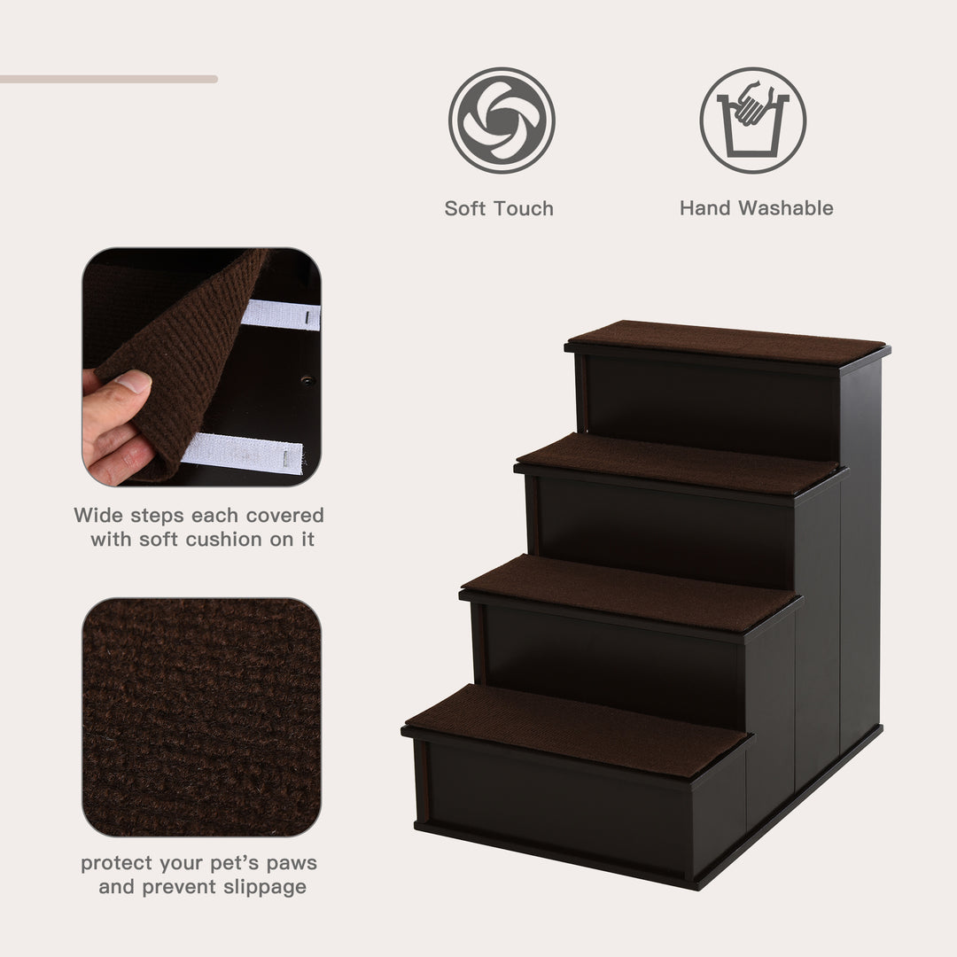 4 Step Wooden Dog Steps Pet Stairs for Dogs, Cat Ladder for Bed Couch with Non-Slip Carpet 40 x 59 x 54.2 cm, Dark brown