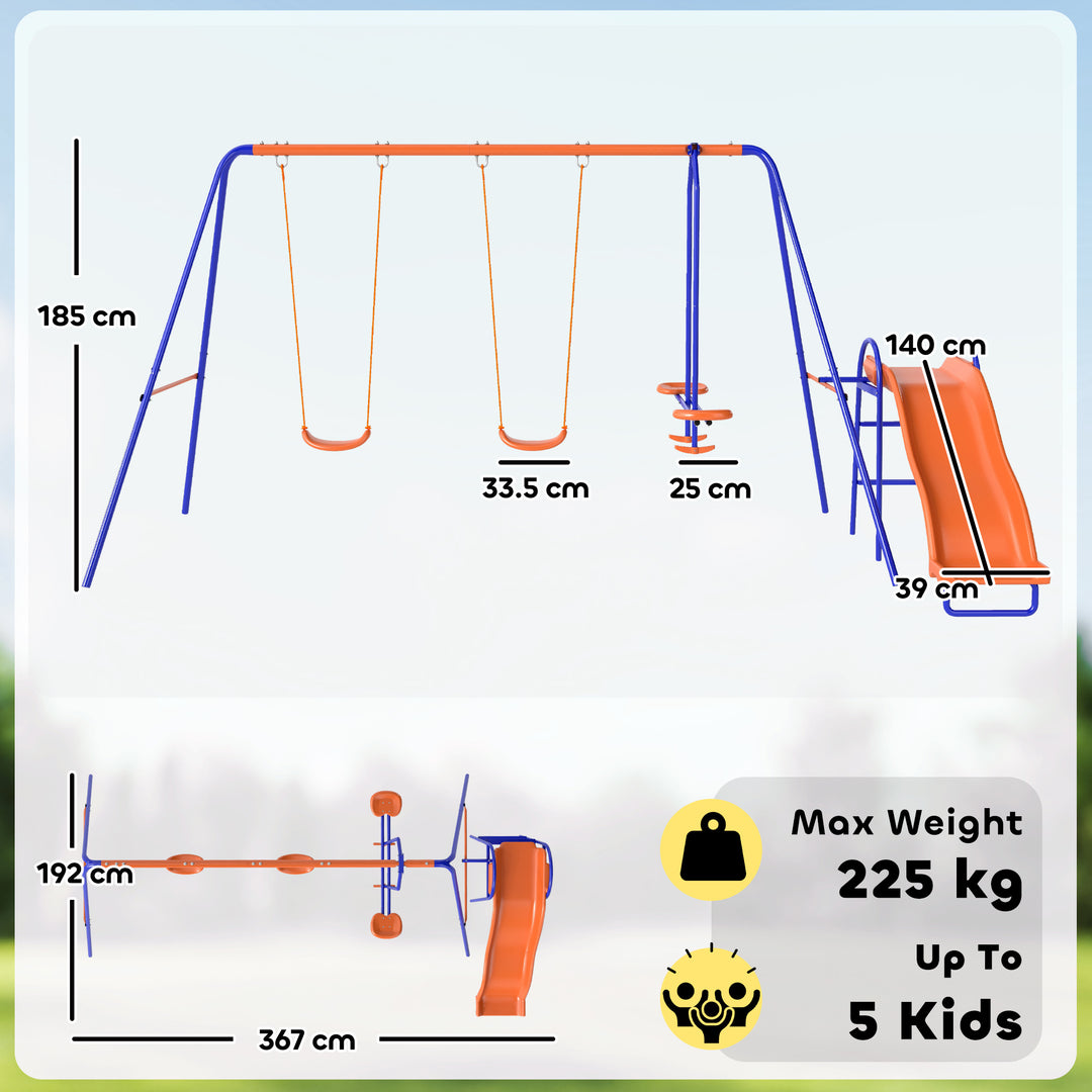 Four-In-One Metal Garden Swing Set, with Double Swings, Glider, Slider, Ladder - Orange and Blue