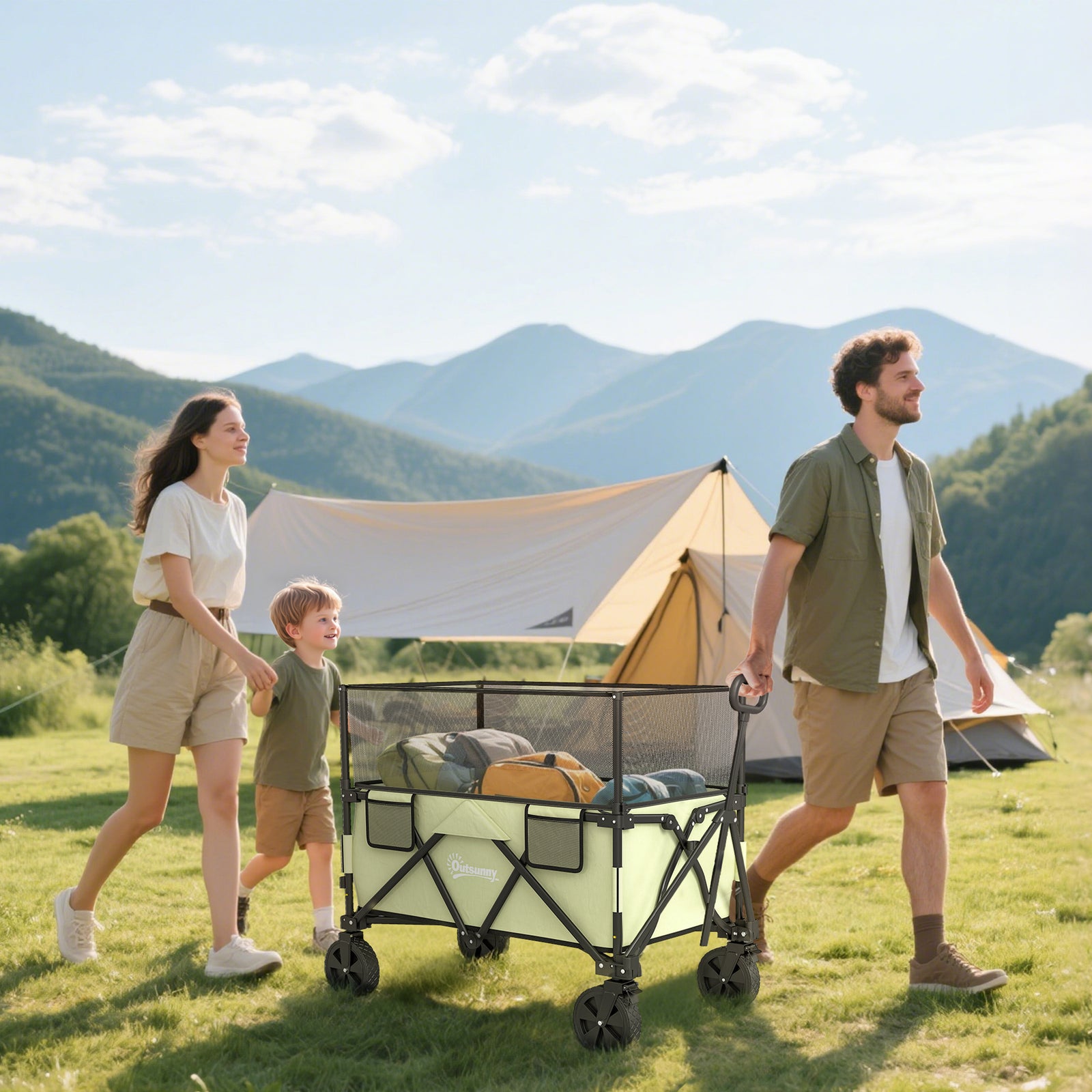 Folding Garden Trolley, 180L Wagon Cart with Extendable Side Walls, for Beach, Camping, Festival, Green