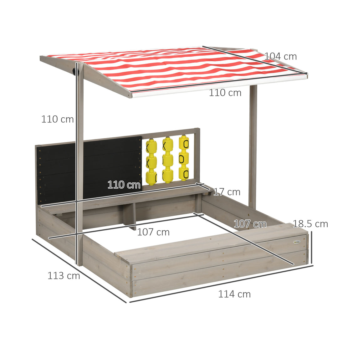 Outsunny Children's Wooden Sandpit with Protective Canopy and Seating, Outdoor Play Area, Grey