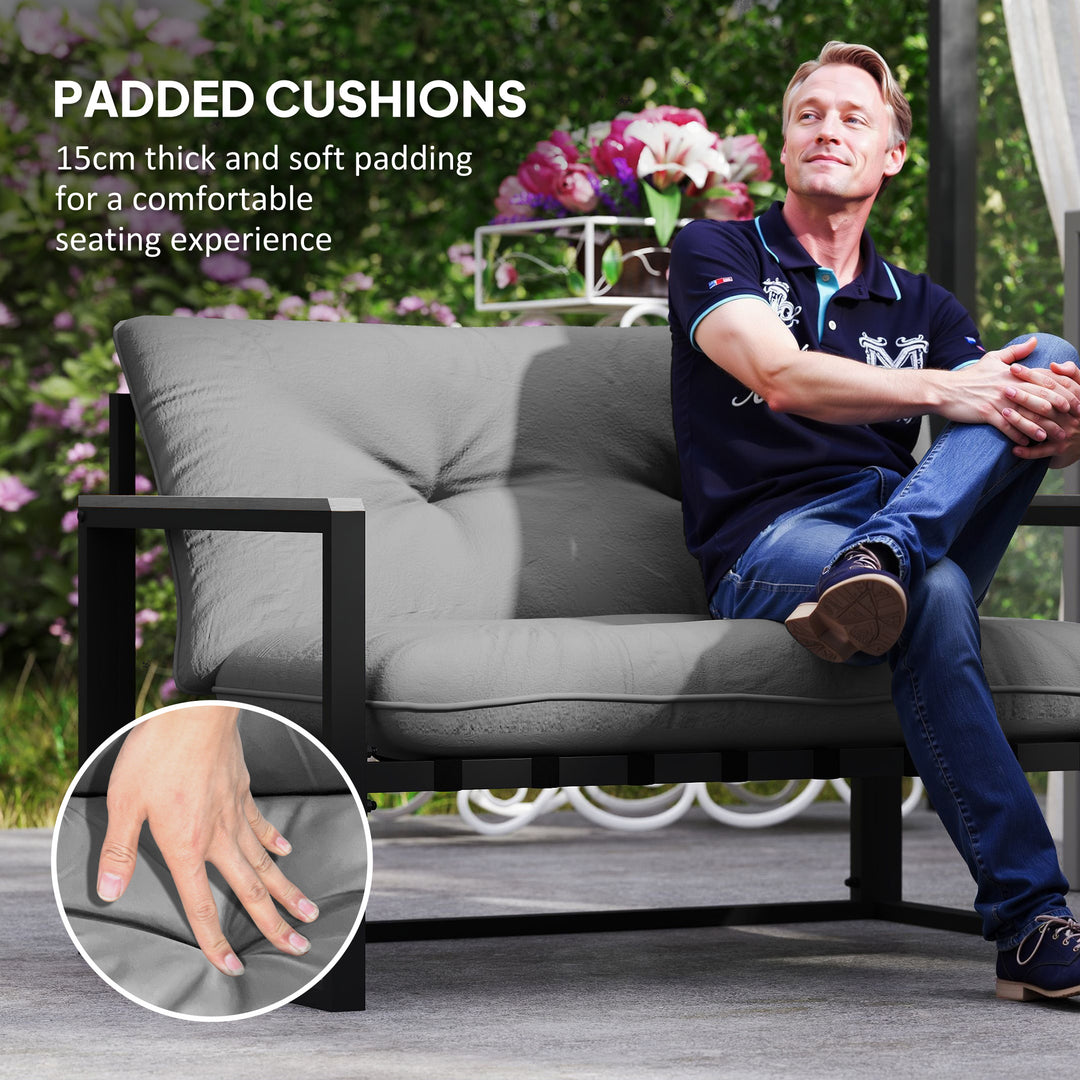 Garden Furniture Set, 4 Piece Indoor Outdoor Conservatory with Loveseat Sofa, Armchairs, Glass Top Coffee Table, Cushions for Balcony, Poolside, Patio, Dark Grey