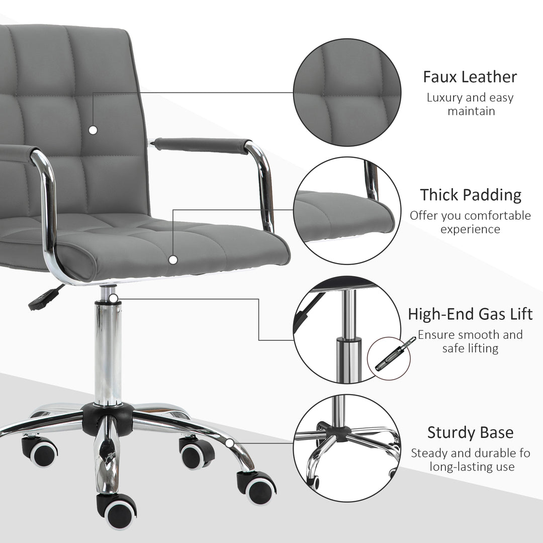 PU Leather Home Office Desk Chair, Computer Chair with Mid Back, Arm, Swivel Wheels, Adjustable Height, Grey