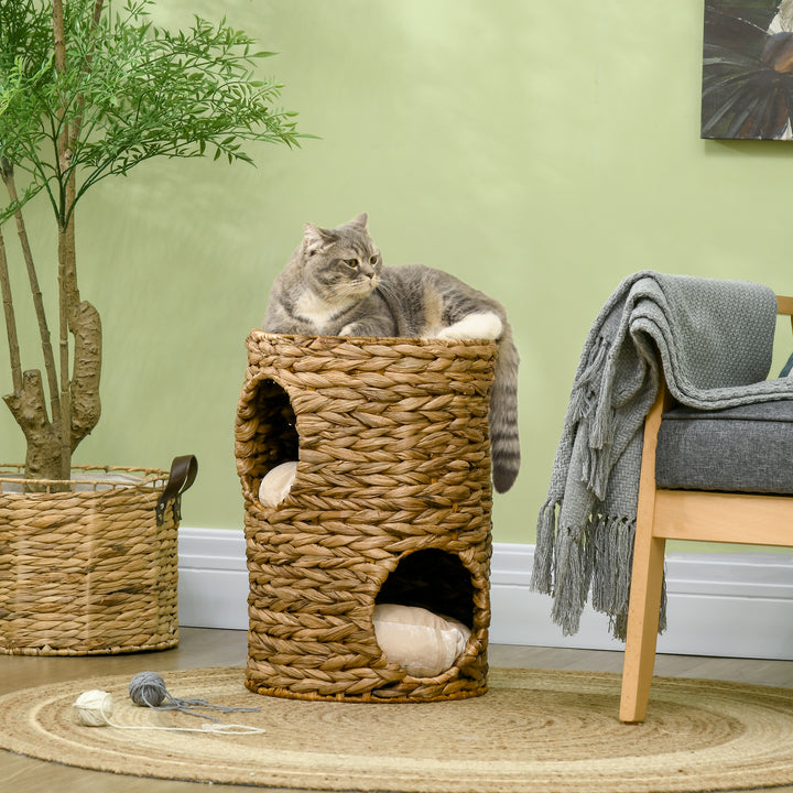 PawHut 47cm Cat Barrel Tree for Indoor Cats with 2 Cat Houses, Kitten Tower with Cushion - Light Brown | Aosom UK