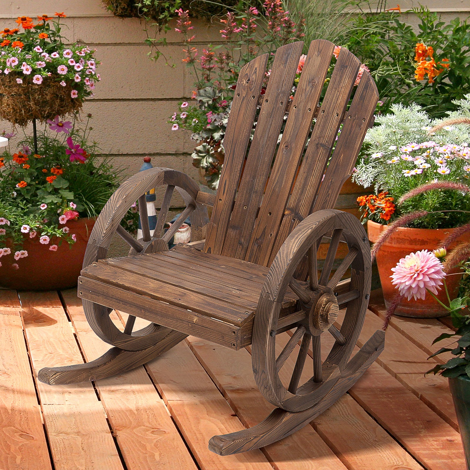 2 Piece Wooden Adirondack Rocking Chair Reclining Armchair Outdoor Garden Furniture Patio Porch Rocker - Carbonized Wood Colour