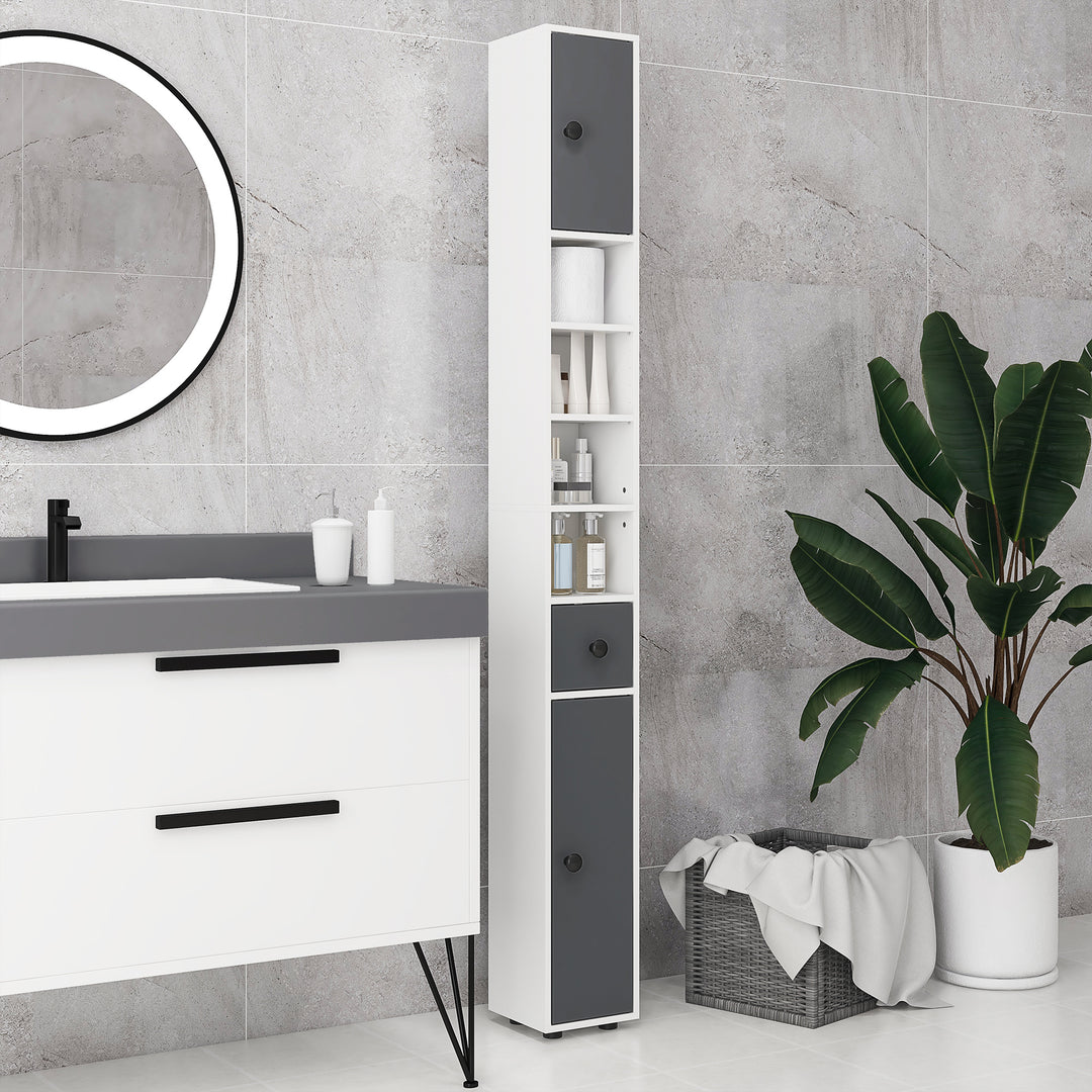 180cm Slim Bathroom Cabinet, with Drawer, Shelves and Cupboards - Grey