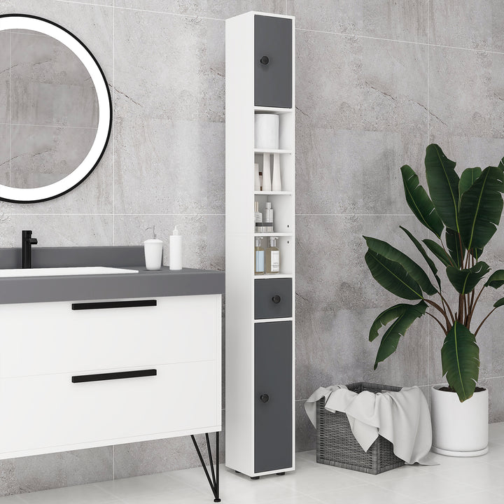 180cm Slim Bathroom Cabinet, with Drawer, Shelves and Cupboards - Grey