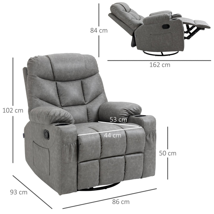 HOMCOM Manual Reclining Chair, Recliner Armchair with Faux Leather, Footrest, Cup Holders, 86x93x102cm, Grey | Aosom UK