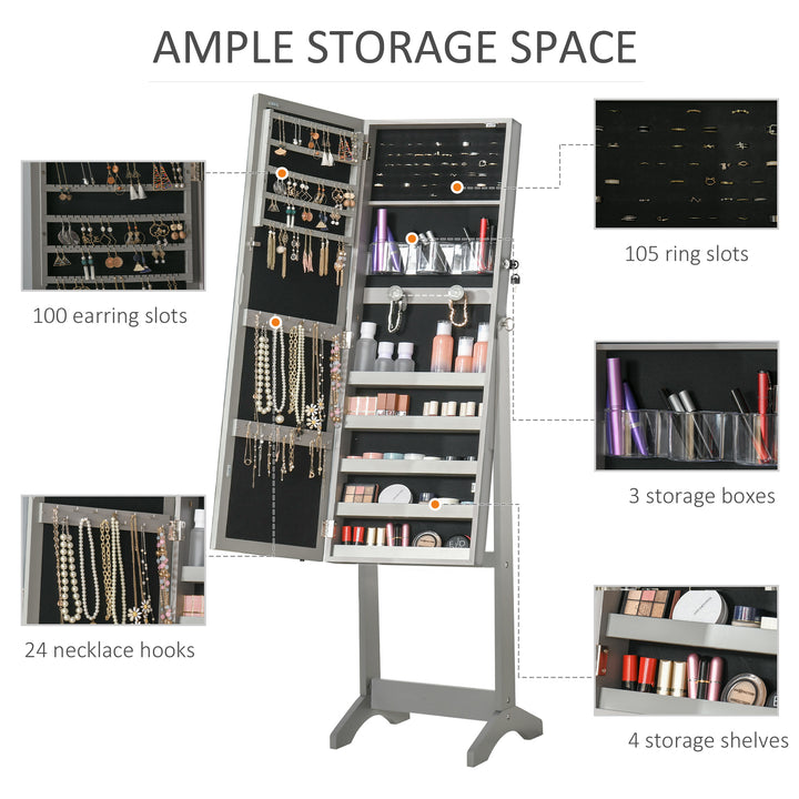 Jewellery Cabinet with LED Light, Lockable Jewellery Organiser with Full-Length Mirror for Bedroom Dressing Room, Grey
