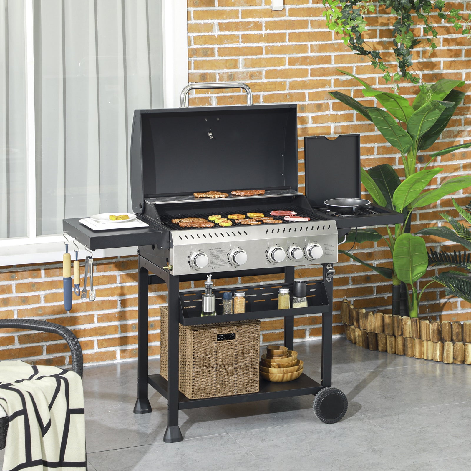 Five-Burner Steel Gas Grill, with Thermometer - Black
