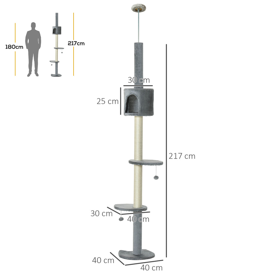 MCL Floor to Ceiling Cat Tree for Indoor Cats, Kitten Tower, Condo, Multi-Layer Activity Center, Indoor Pet Play House with Solid Scratching Post Hanging Balls, Light Grey