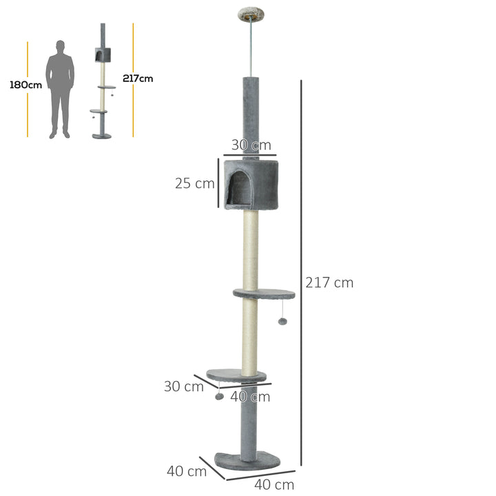 MCL Floor to Ceiling Cat Tree for Indoor Cats, Kitten Tower, Condo, Multi-Layer Activity Center, Indoor Pet Play House with Solid Scratching Post Hanging Balls, Light Grey